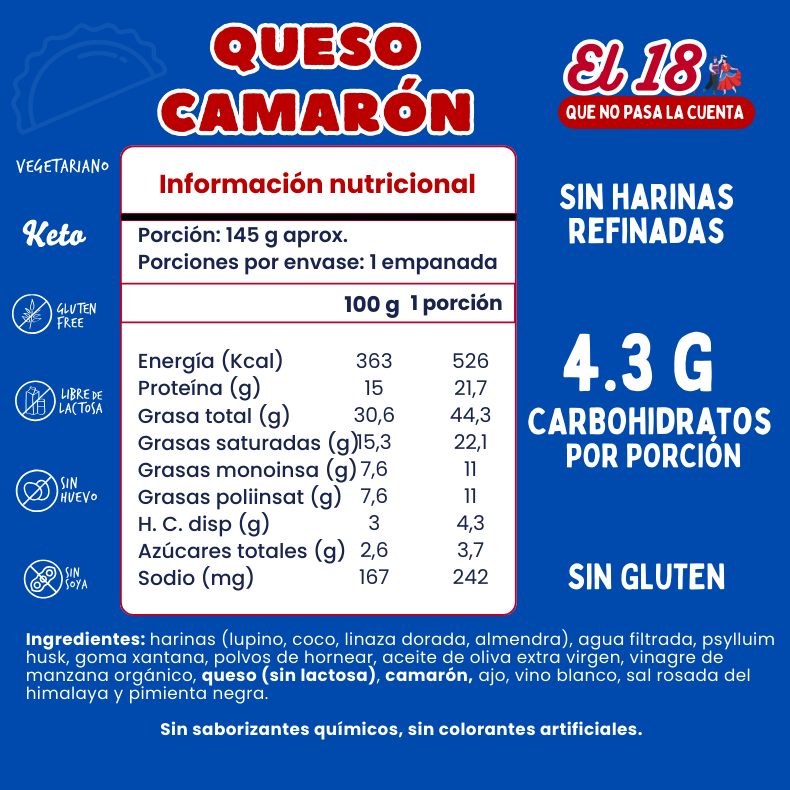 Empanada queso camarón dieciochera (keto, sin gluten y sin lactosa) 145 g 1 unidad