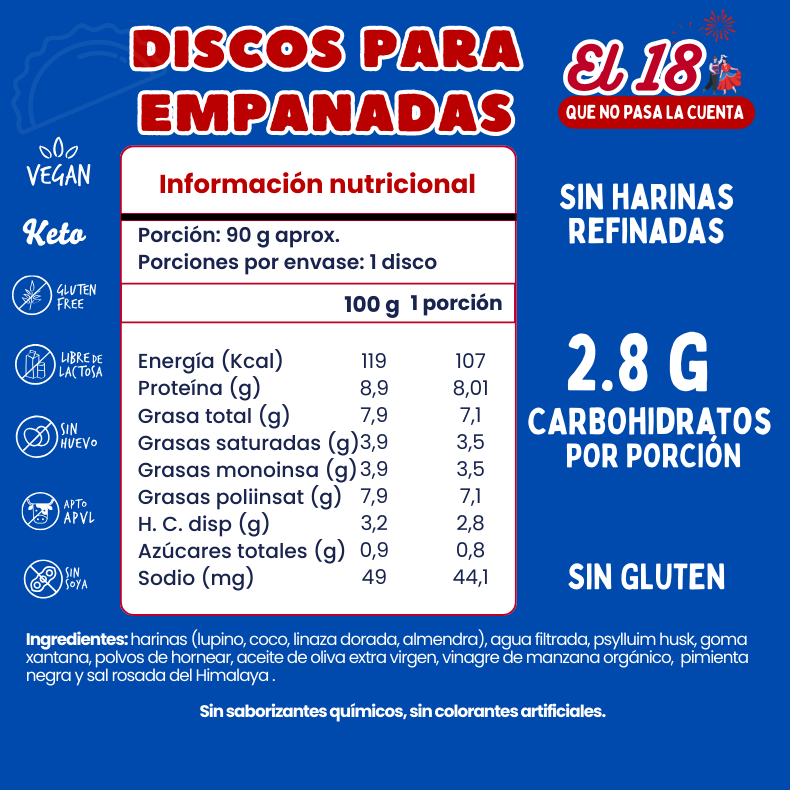 Masa en forma de discos para empanadas dieciocheras keto sin gluten sin lácteos 8 discos, 18 cm, 720 g