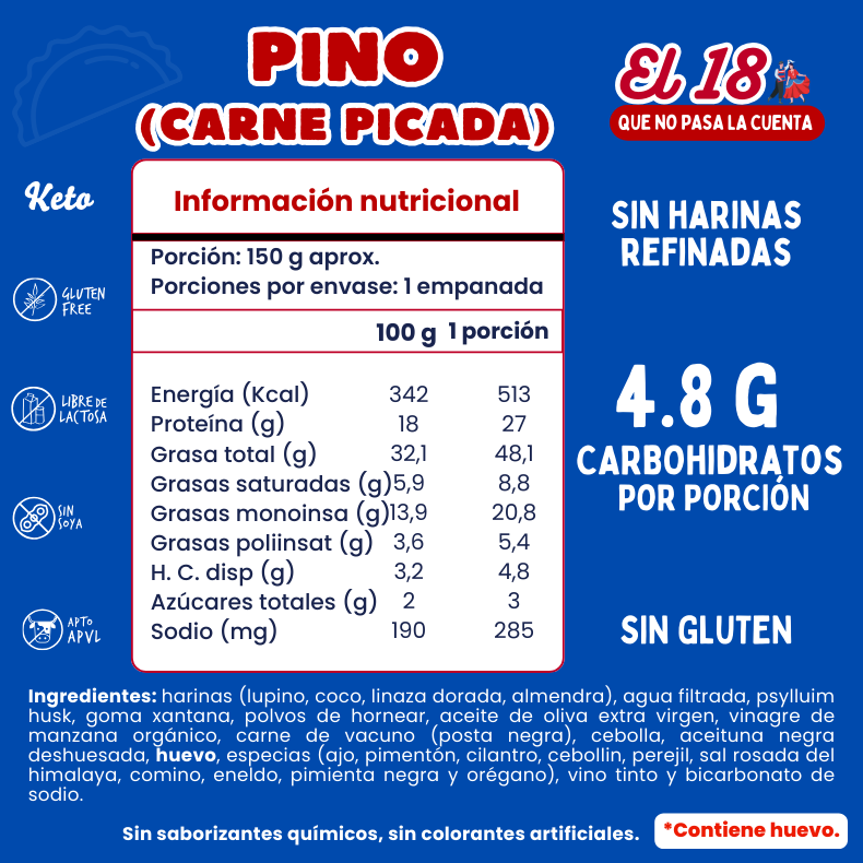 Empanada de pino (carne picada) dieciochera, (keto, sin gluten y sin lactosa) 150 g 1 unidad