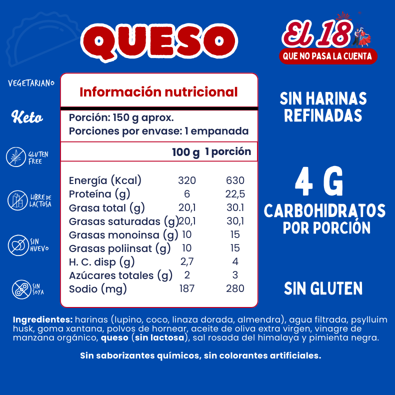 Empanada queso dieciochera (keto, sin gluten y sin lactosa) 150 g, 1 unidad