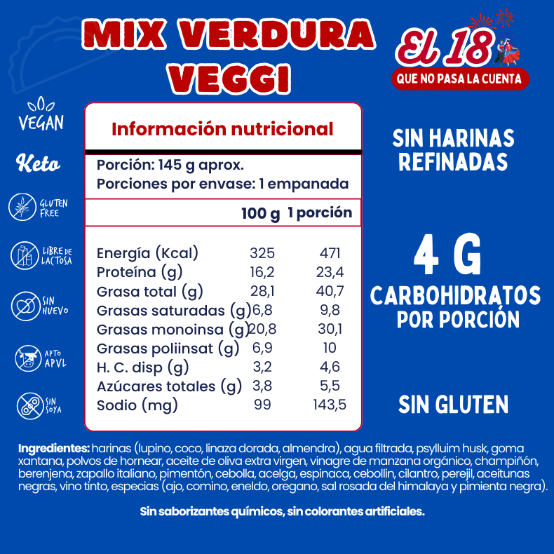 Empanada veggi mix verduras dieciochera, (keto, sin lacteos, sin gluten) 145 g 1 unidad